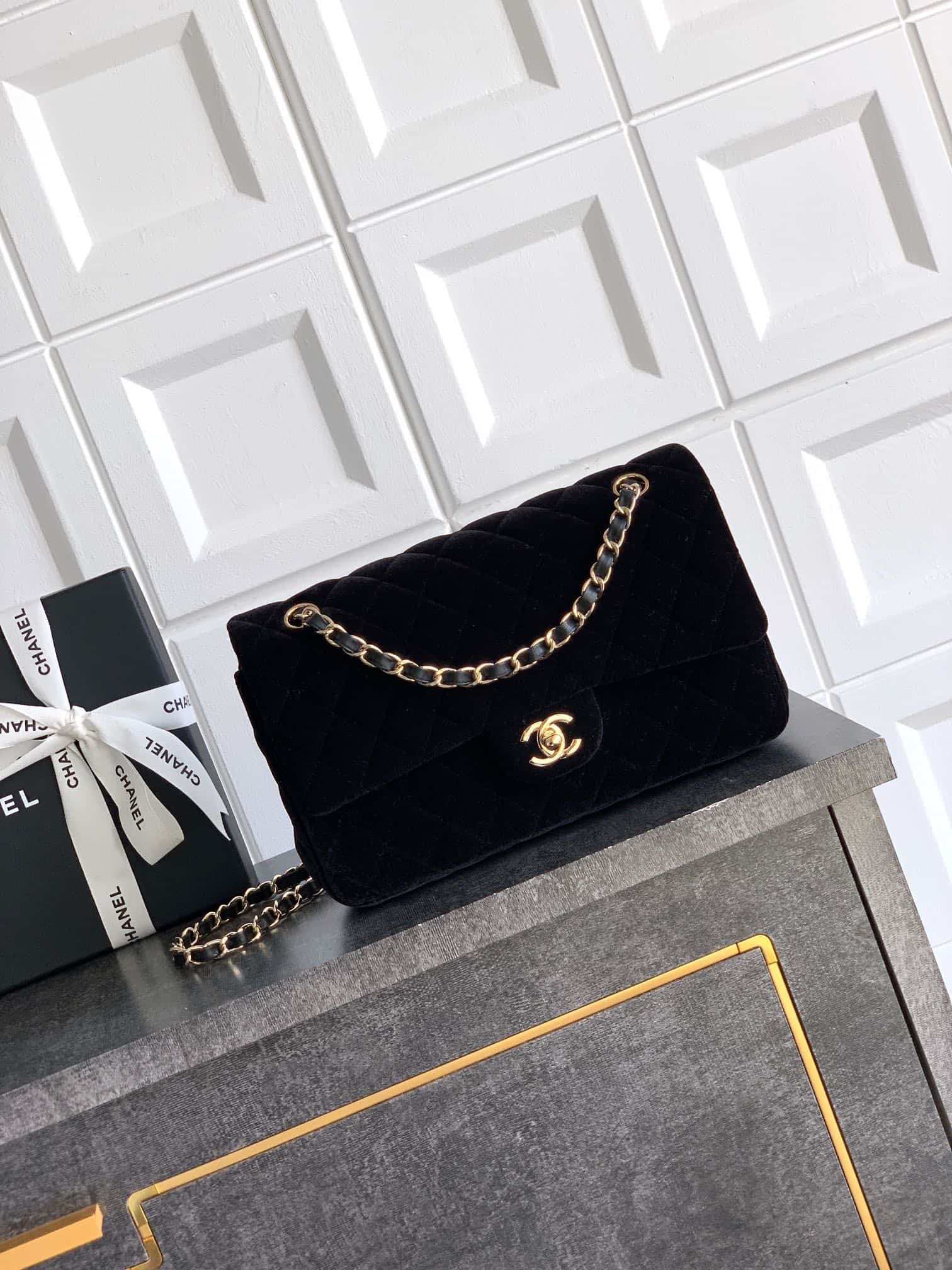 Chanel Medium CLASSIC HANDBAG Velvet  & Gold-Tone Metal Black A