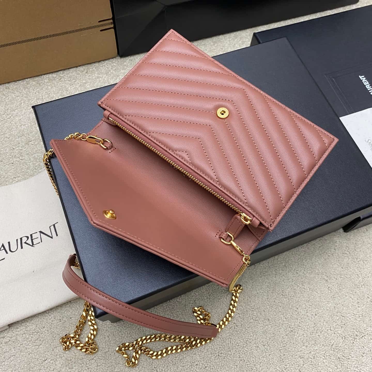 Saint Laurent Monogram Matelassé Cassandre Wallet on Chain Ice Plum Pink Lambskin 393953 High