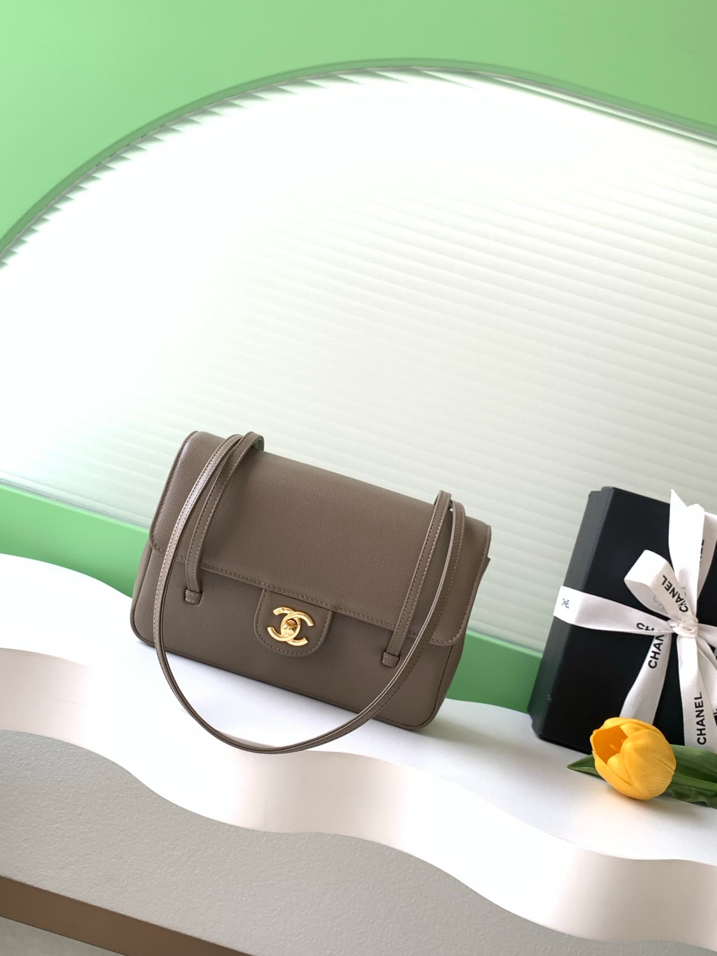 Chanel Small Flap Bag Grained Shiny Calfskin & Gold-Tone Metal AS6130 brown High