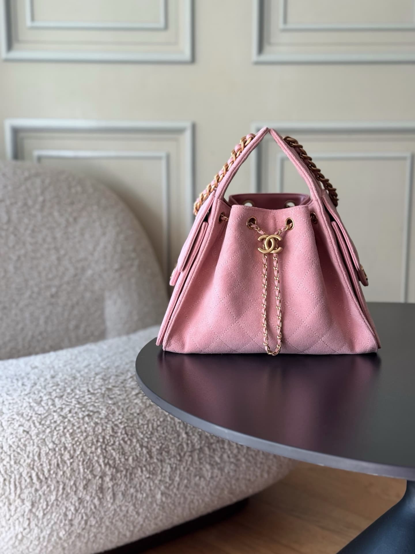 Chanel 25 Small Hobo handbag AS5293 Suede& Gold-Tone Metal Pink A
