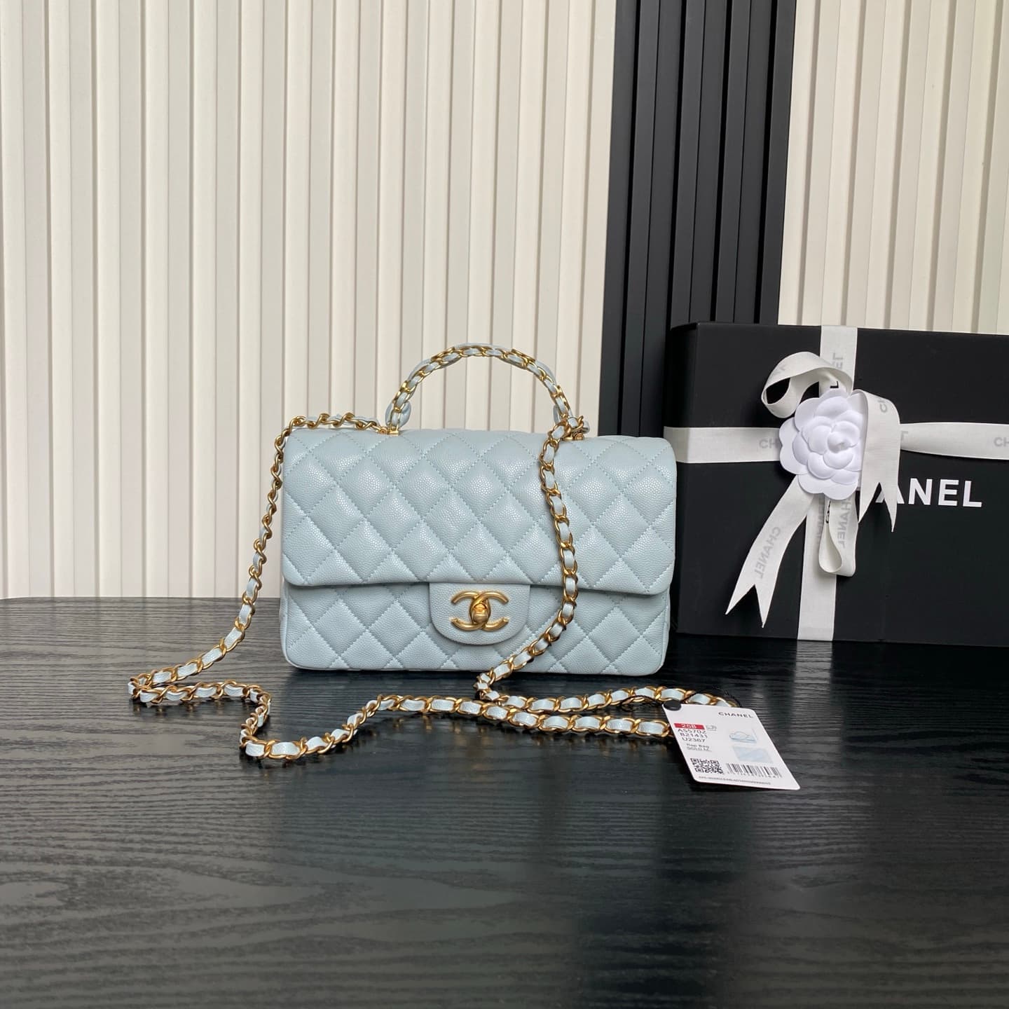 Chanel Small Flap Bag with Top Handle Grained Shiny Calfskin &  Gold-Tone Metal Blue AS5702 A
