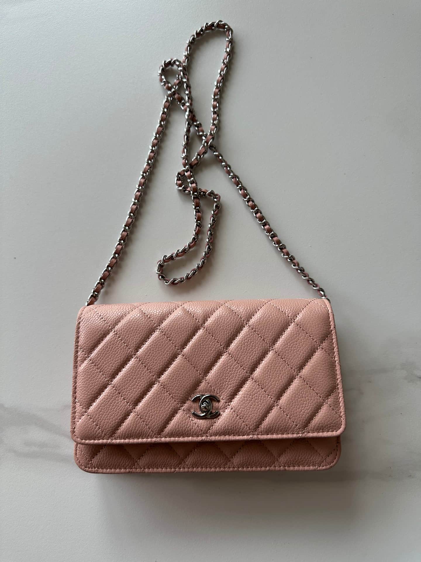 Chanel Classic Wallet on Chain Grained Shiny Calfskin & Silver-Tone Metal AP4241 Light Pink High