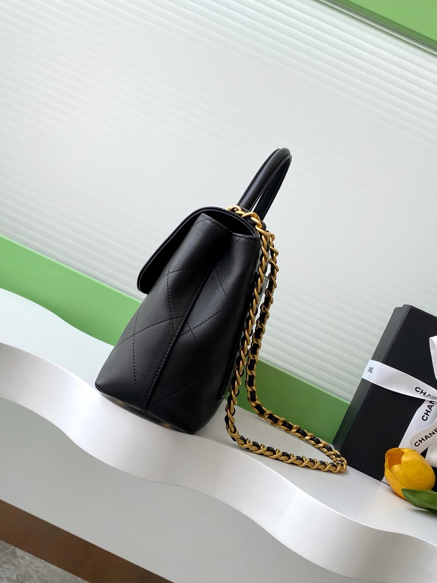 LARGE FLAP BAG WITH TOP HANDLE Calfskin & Gold-Tone Metal Black AS5467 A