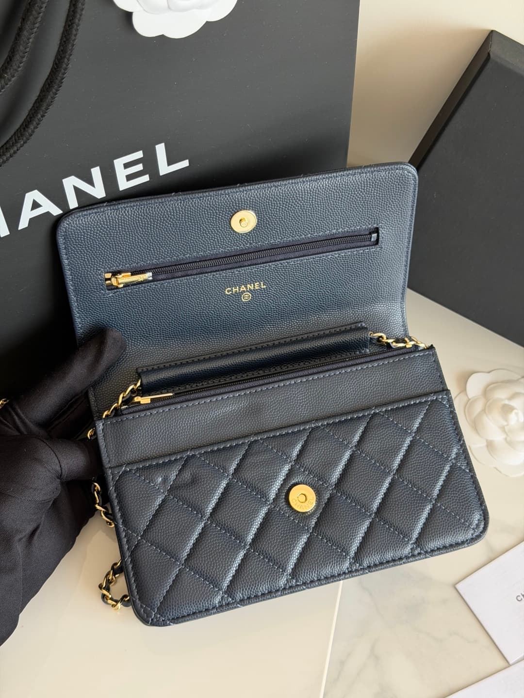 Chanel Wallet on Chain Shiny Grained Calfskin Strass & Gold-Tone Metal Dark Blue AP5073 High