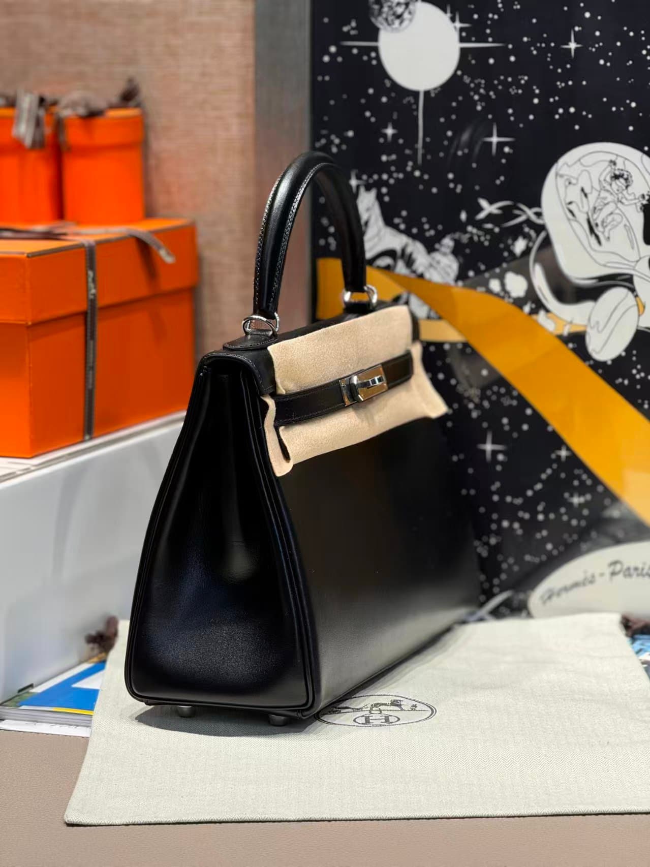 Hermes Kelly 25/28/32cm Retourne Bag Box Leather In Black WAX High Customizing style