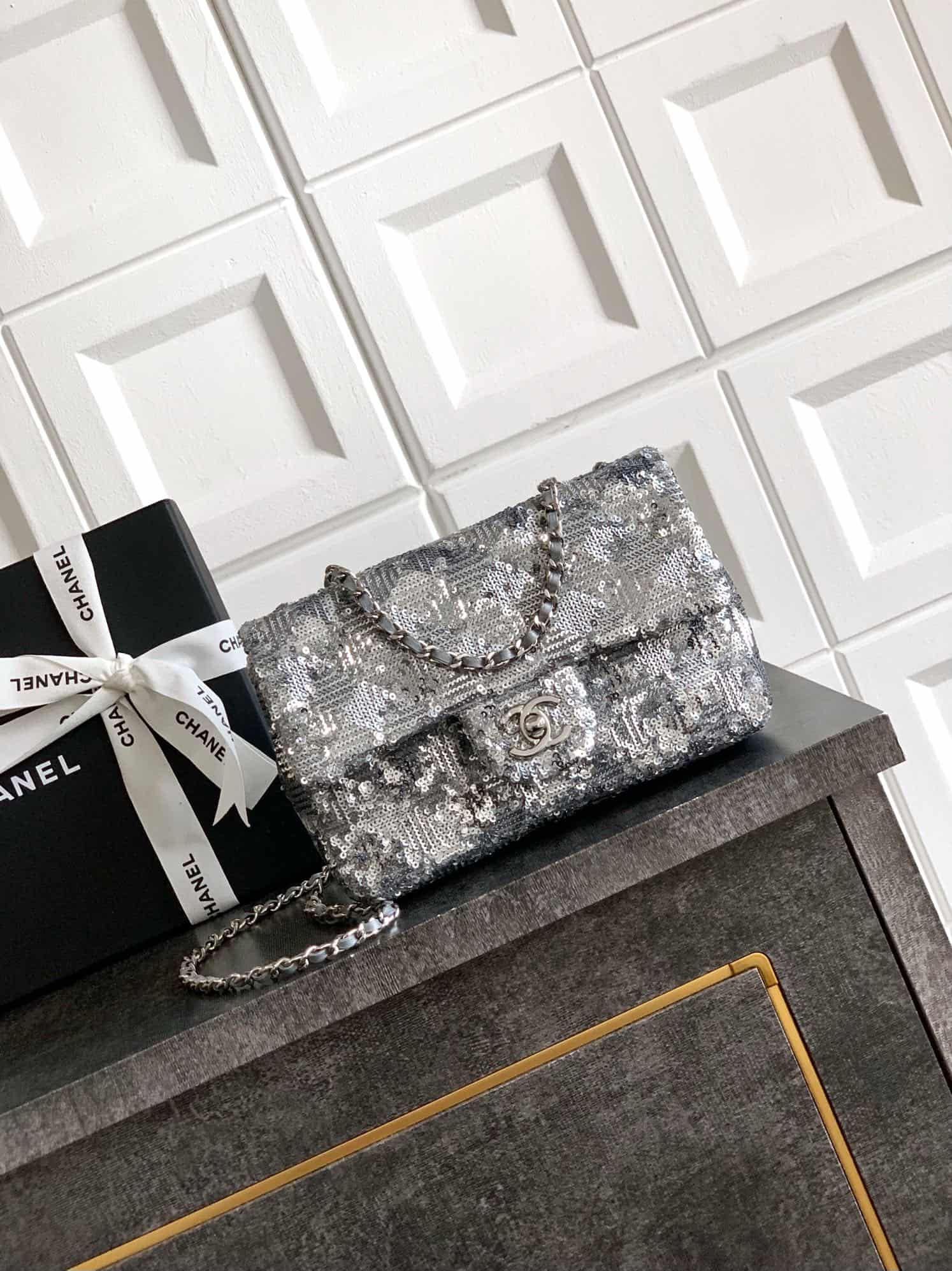 Chanel Classic Mini Flap Bag Sequins Embroidery & Silver-Tone Metal Silver 6171 A