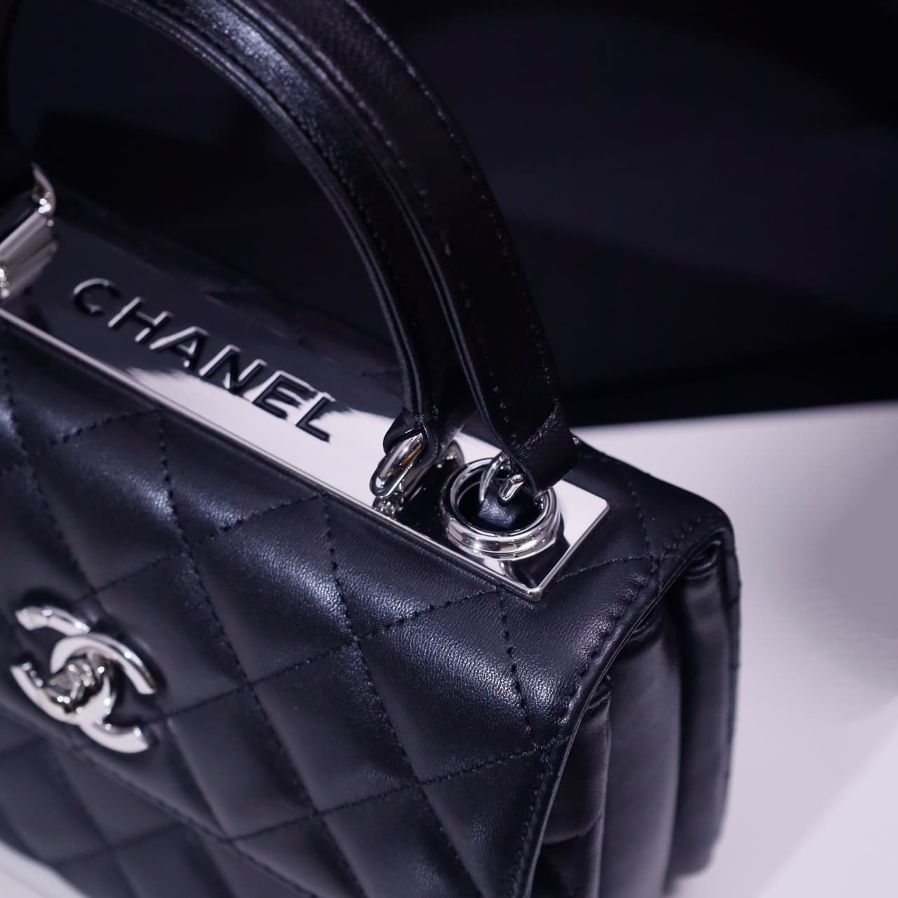 Chanel MINI FLAP BAG WITH TOP HANDLE AS4654 Lambskin &Silver-Tone Metal Black A