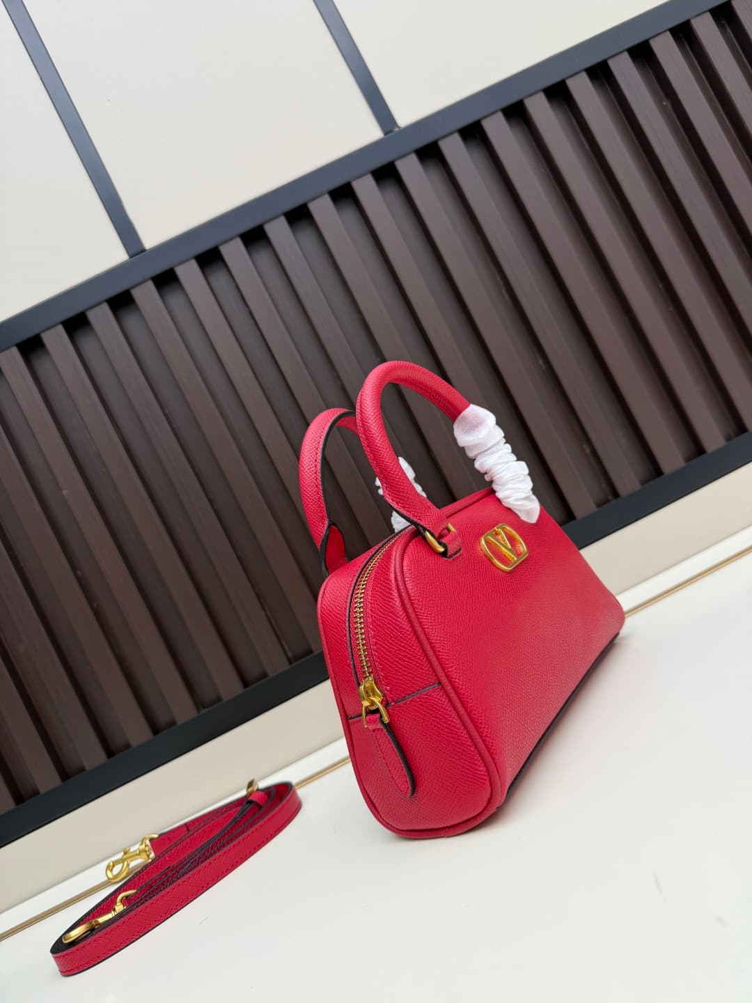 Valentino VLogo Signature Mini Bowling Bag in Grainy Calfskin Red High