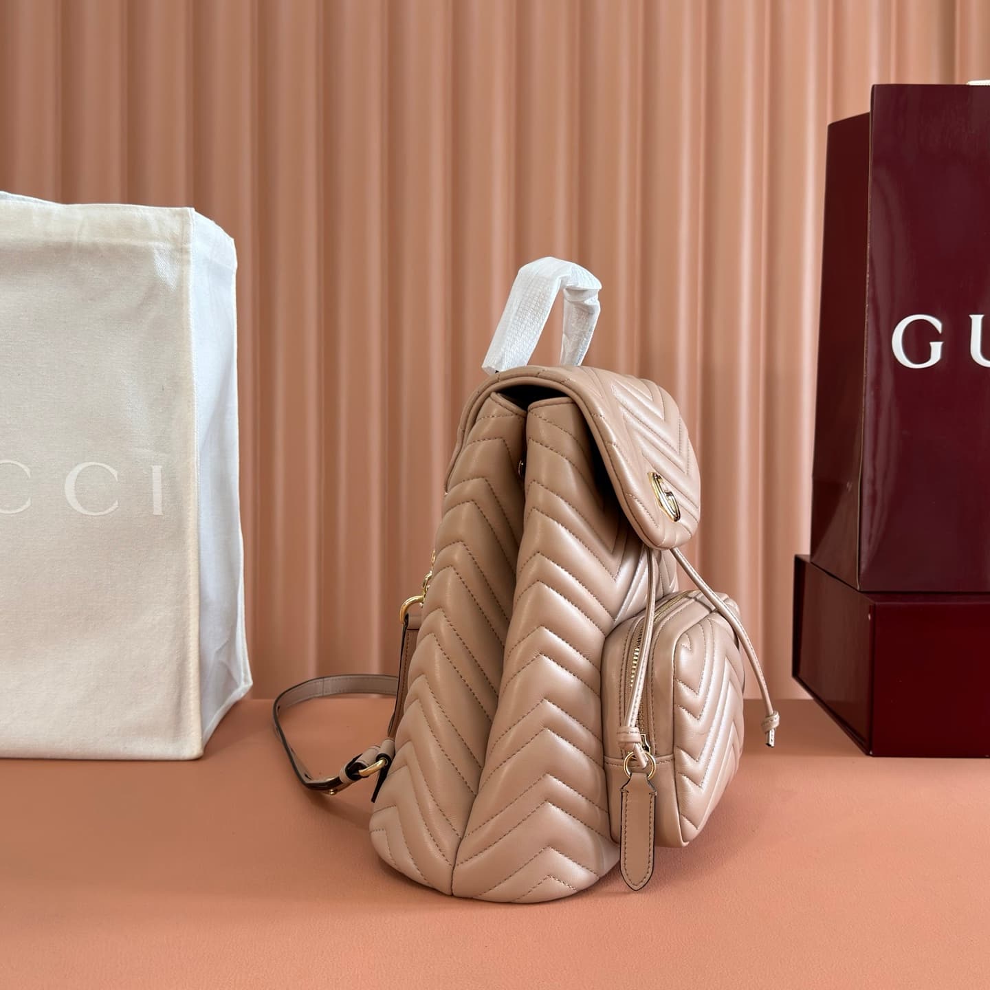 Gucci GG Marmont Small Backpack Beige Matelassé Chevron Nappa Leather 861878  High