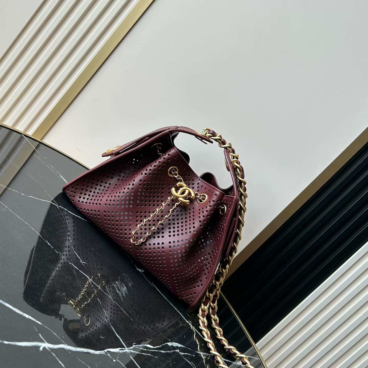 CHANEL 25 Mini Handbag Perforated Calfskin & Gold-Tone Metal Burgundy AS5631 A