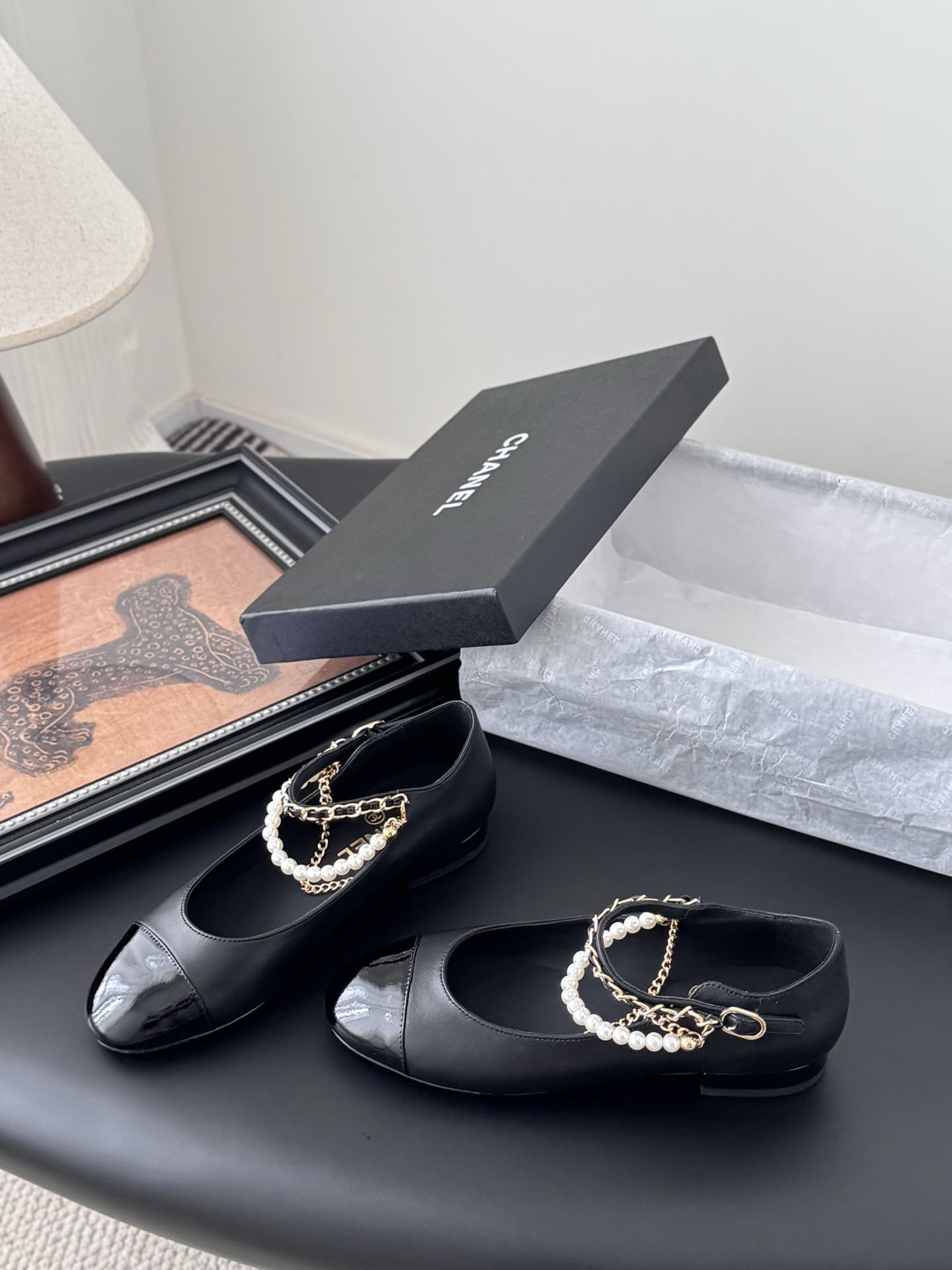 Chanel Lambskin Cap Toe Ankle Chain Ballerina Flats Shoes Women