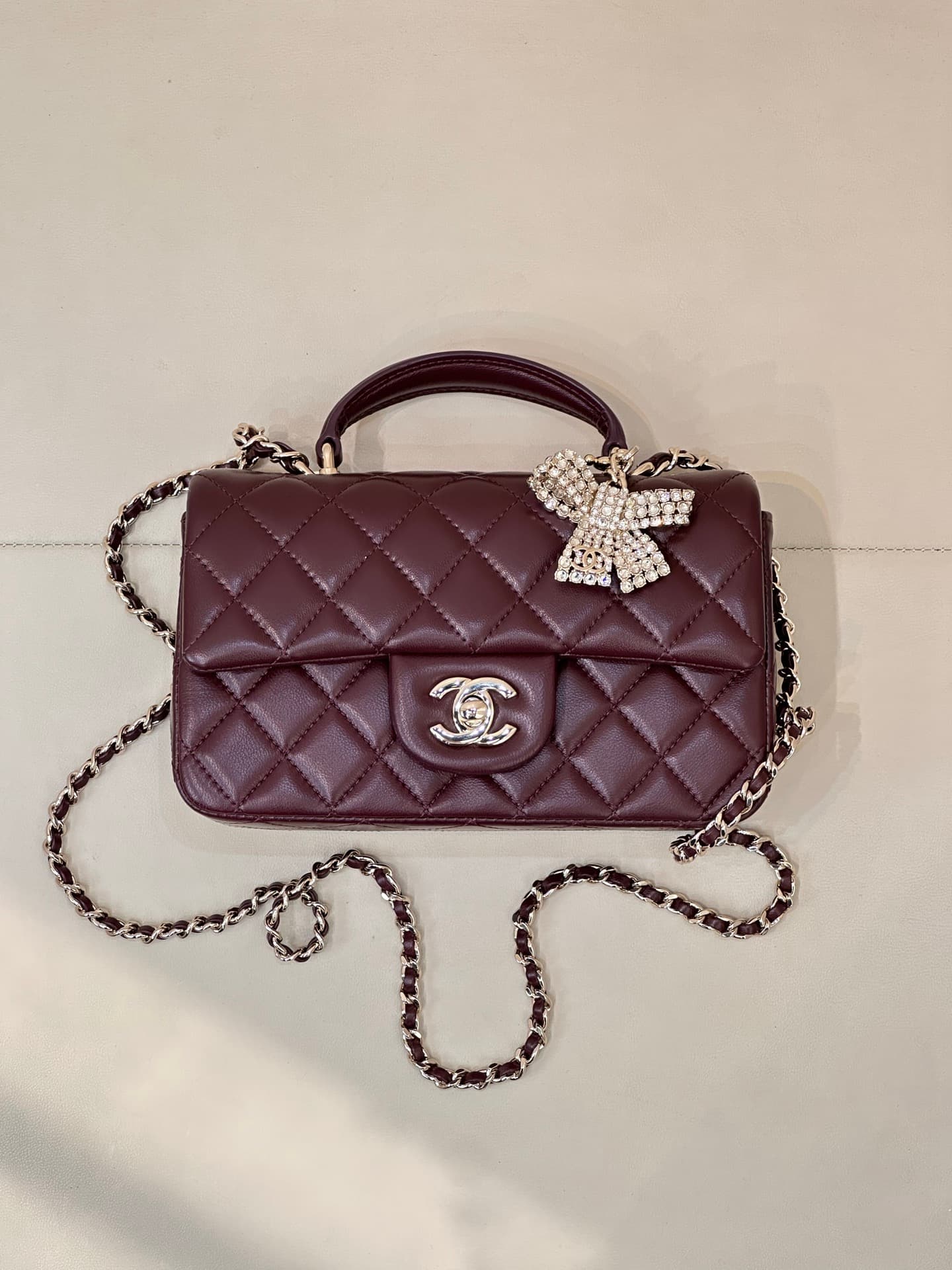 Chanel Mini Classic Handbag Lambskin Strass & Gold-Tone Metal AS2431 Burgundy TOP