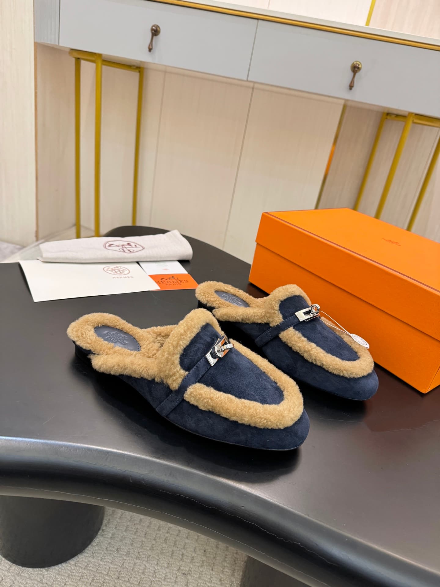 Hermes Oz mules in suede goatskin with Kelly buckle shoes women