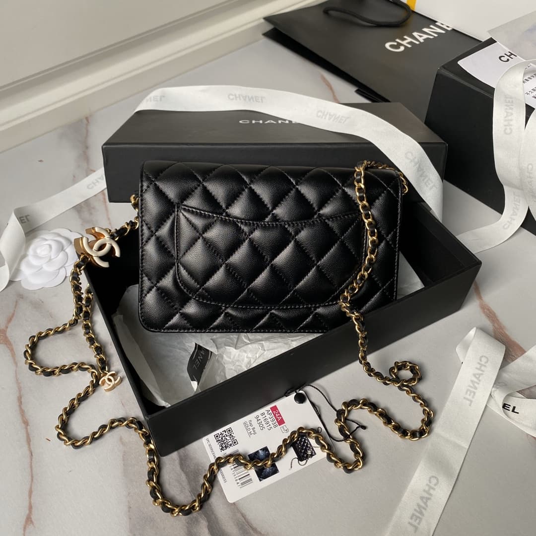 Chanel Wallet On Chain Shiny Lambskin, Enamel, Gold Tone Metal Black A