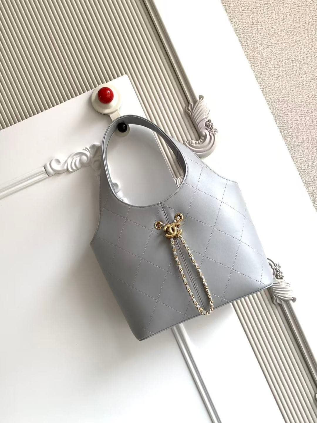Chanel Medium Shopping Bag Grey Leather & Gold-Tone Metal AS6108 A