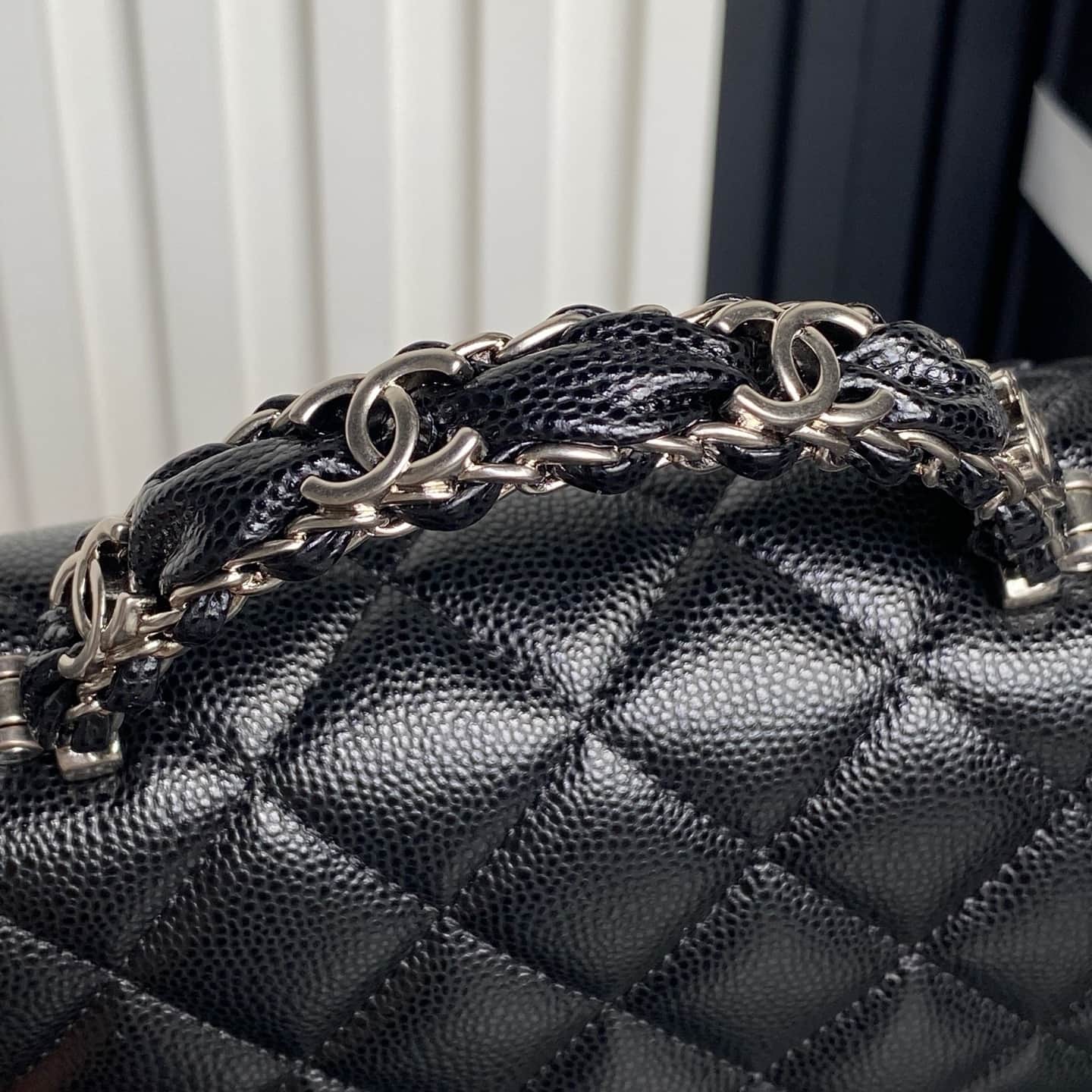Chanel Mini Flap Bag with Top Handle Grained Shiny Calfskin & Silver-Tone Metal Black AS5701 A