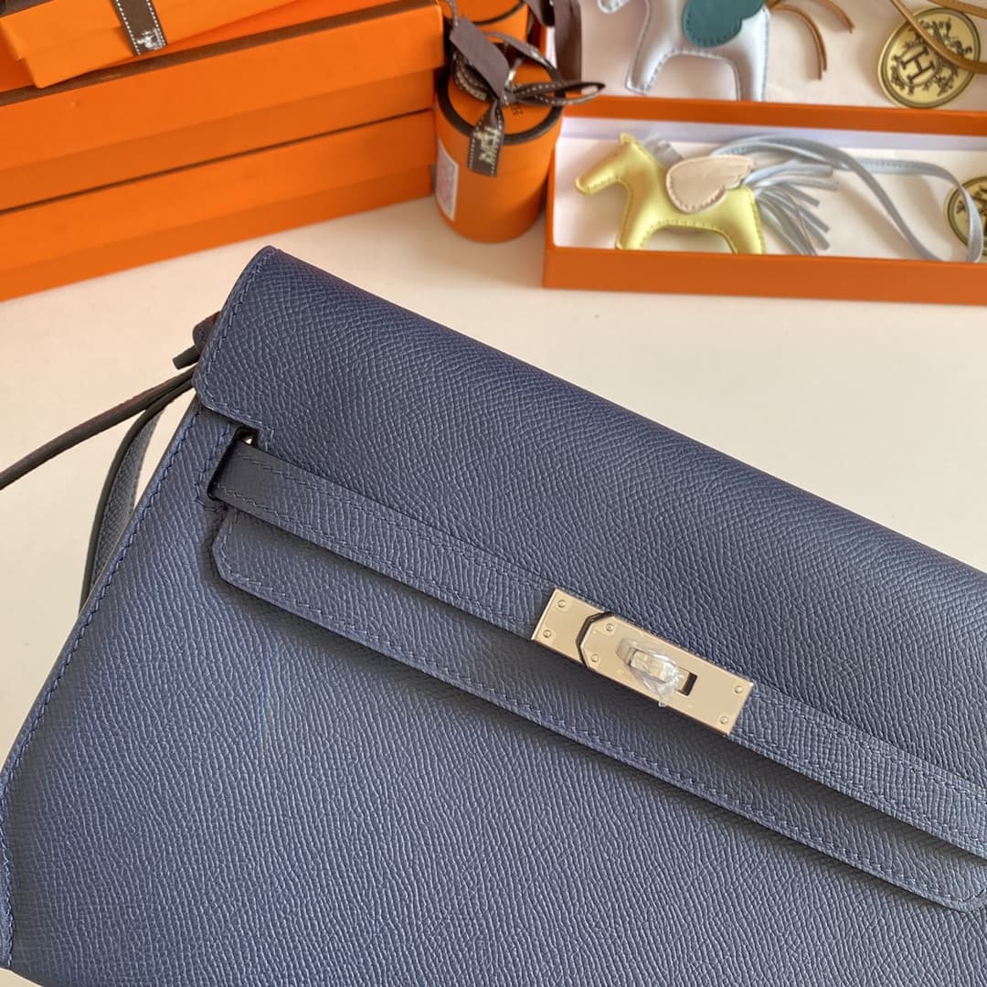 Hermes Kelly Depeches 25 Pouch Epsom Leather Bleu Saphir WAX High