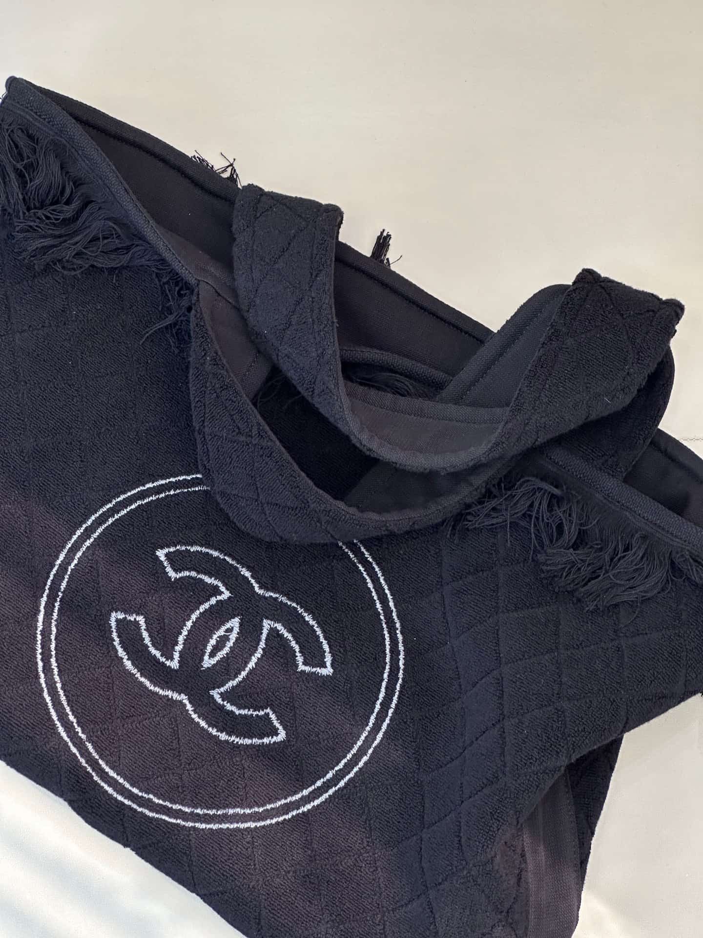 Chanel Beach Hobo Handbag Quilted Black Terry Cloth TOP