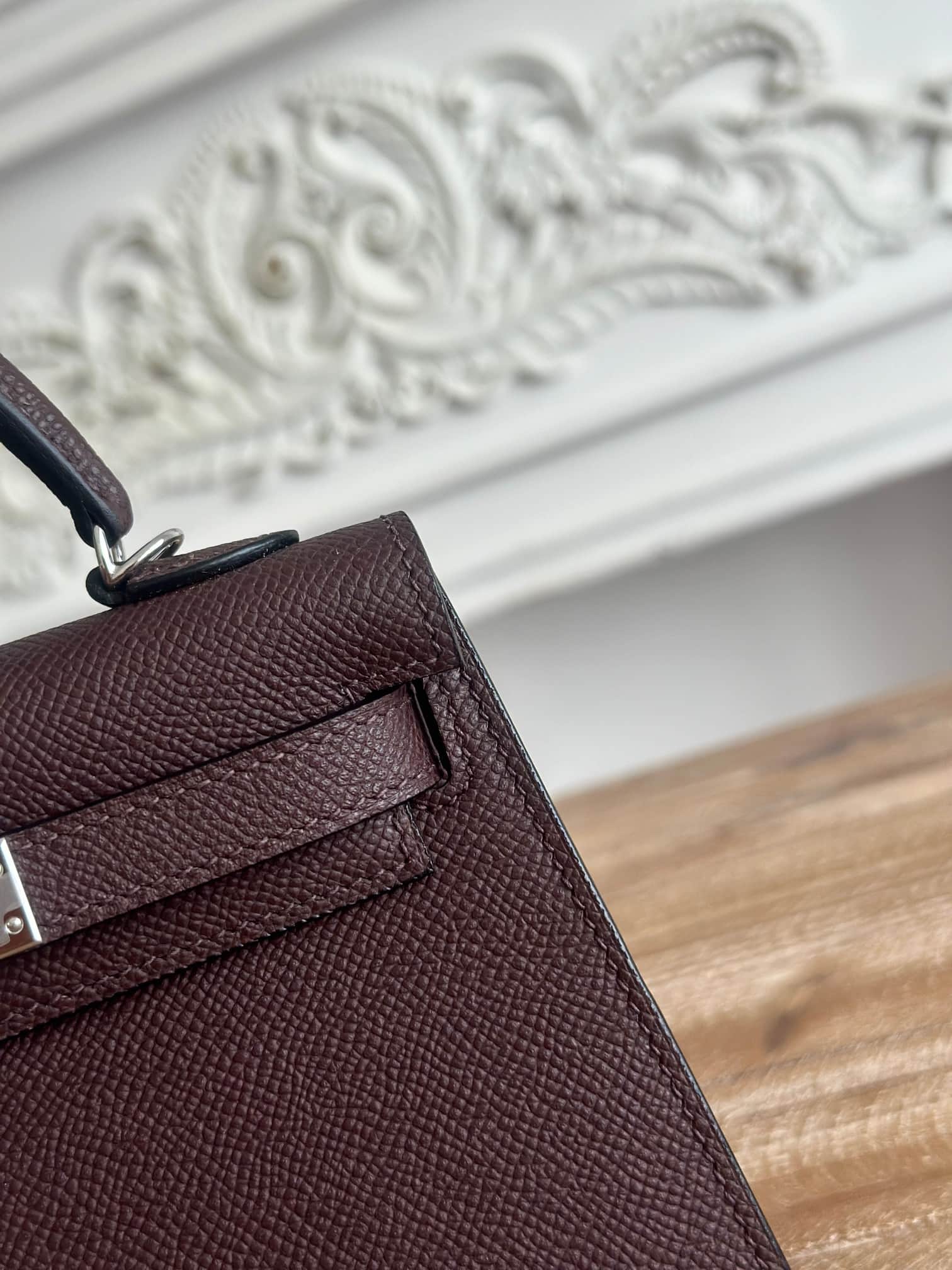 Hermes Kelly Mini II Bag Epsom Leather WAX Silver/Gold Metal Rouge Sellier High