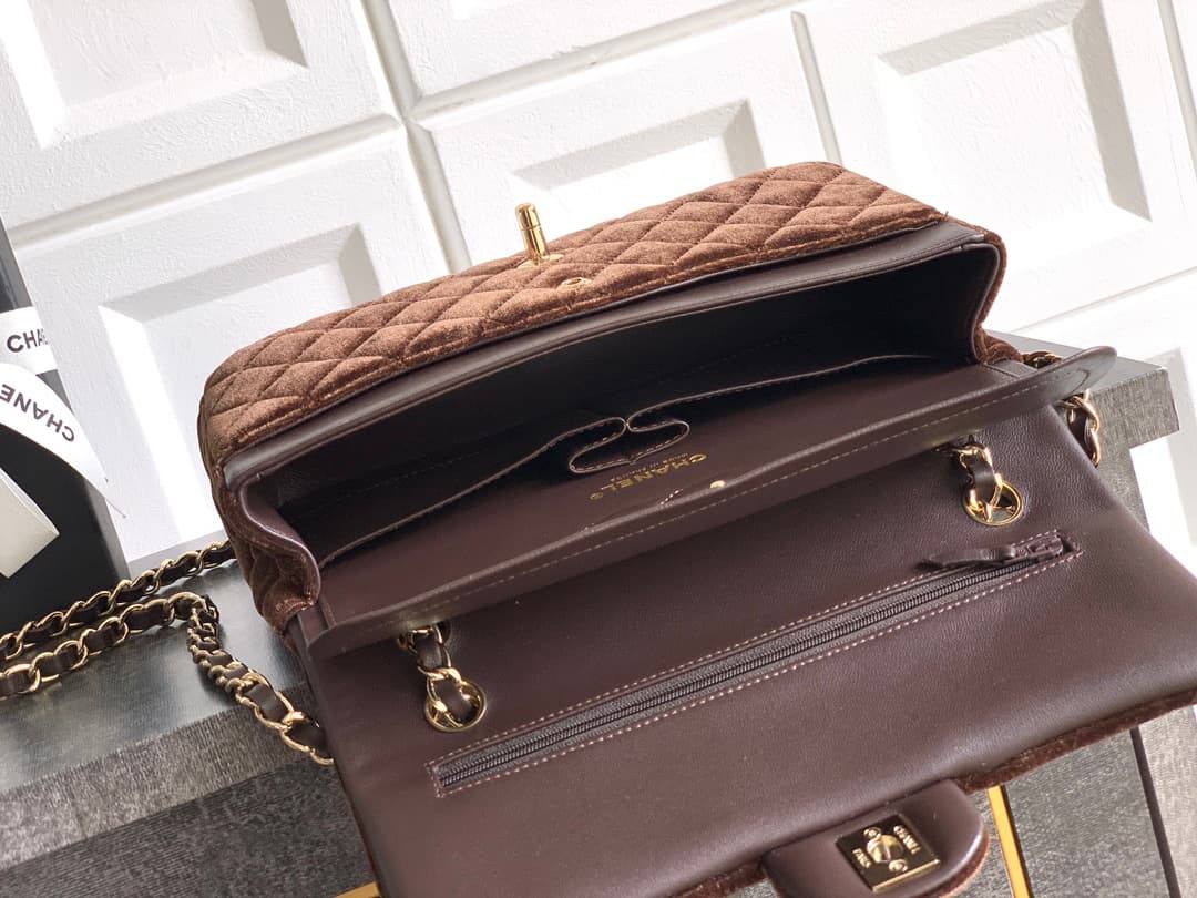 Chanel Medium CLASSIC HANDBAG Velvet  & Gold-Tone Metal Coffee A