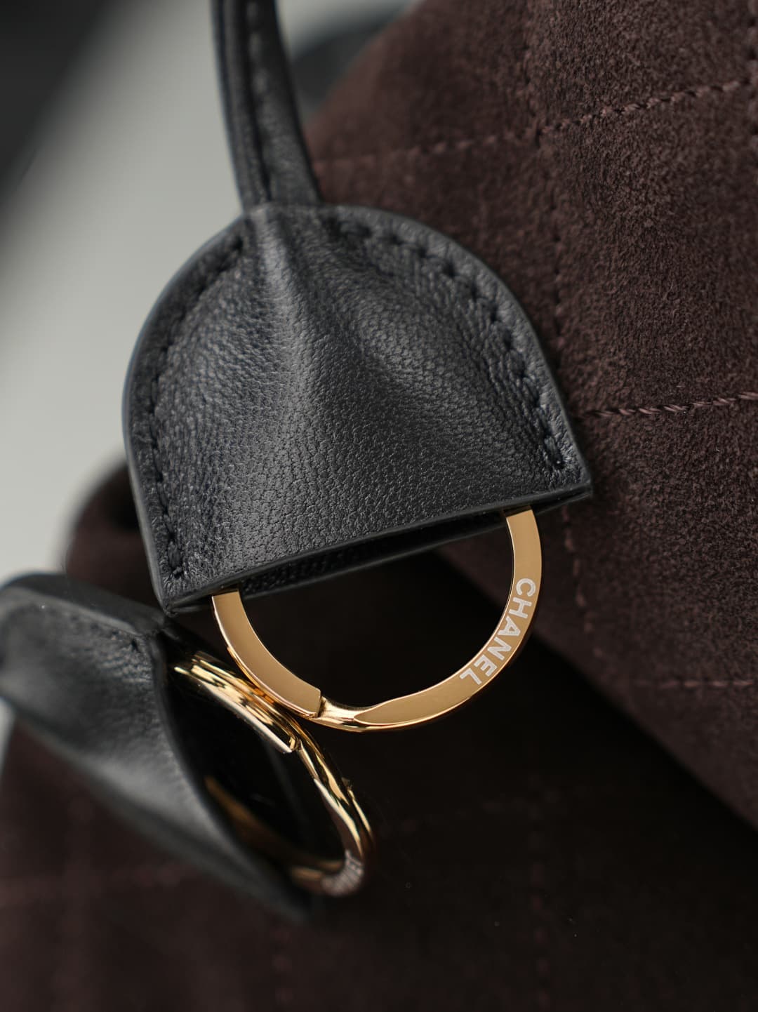 Chanel Clutch with Leather Strap Dark Brown quilted suede & Gold-tone Metal AP5228 A