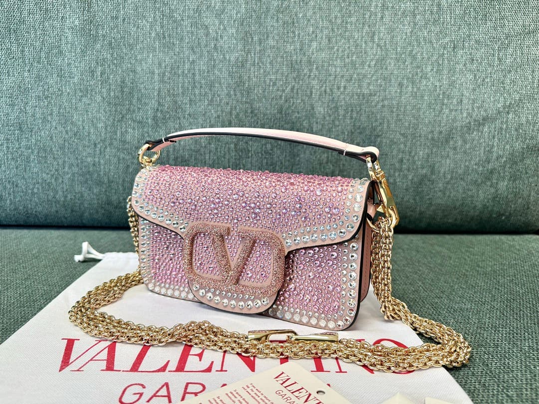 Valentino Garavani VLogo Loco Flap Embellished Leather Shoulder Bag Pink High