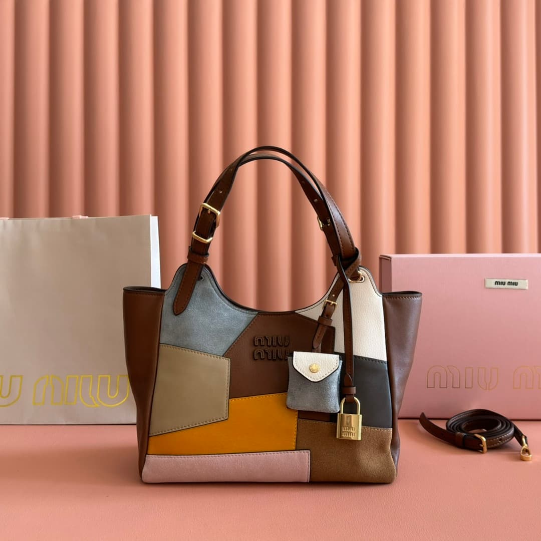 Miu Miu Ivy leather patchwork tote bag in brown cognac 5ba304 High