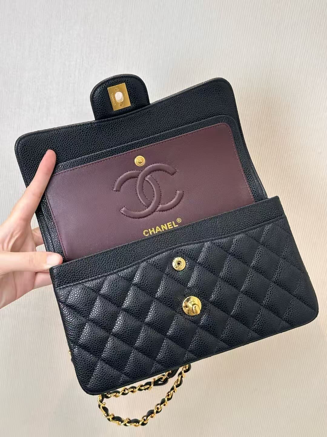 Chanel Small Classic Handbag Grained Calfskin Black Gold Metal TOP