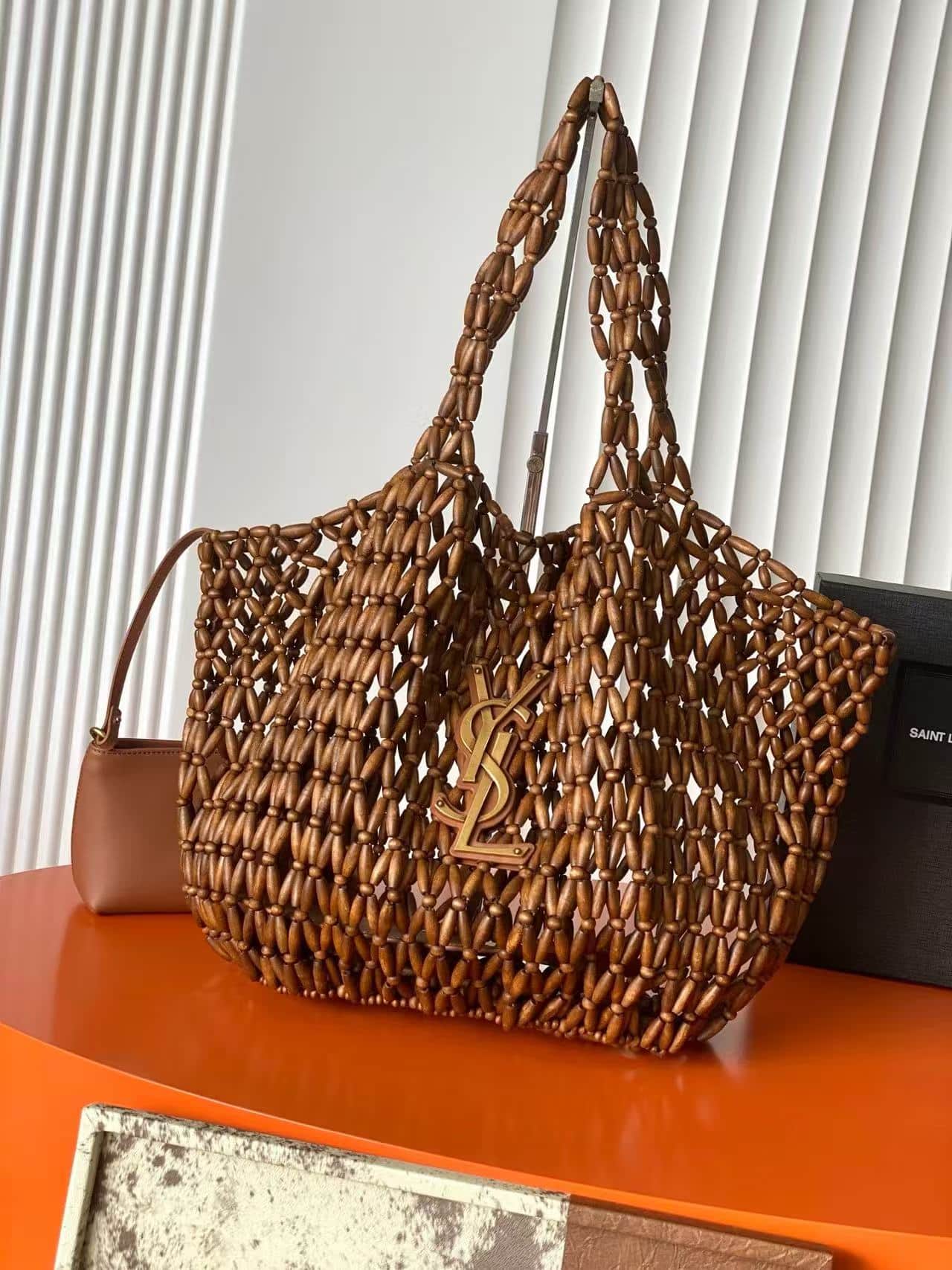 SAINT LAURENT ICARE MEDIUM IN WOOD BEADS LIGHT WOOD AND BRICK High