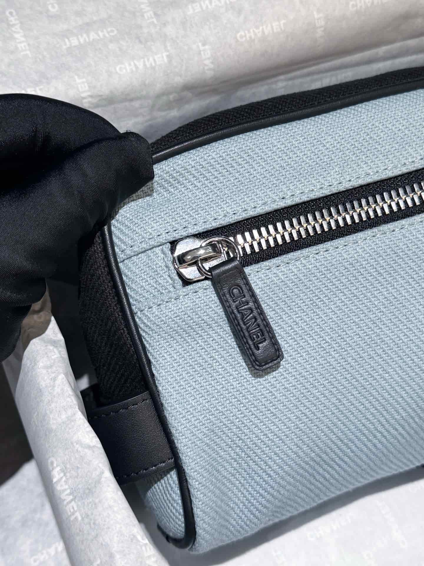 Chanel Small Zipped Pouch Canvas Calfskin Blue & Black AP5266 A