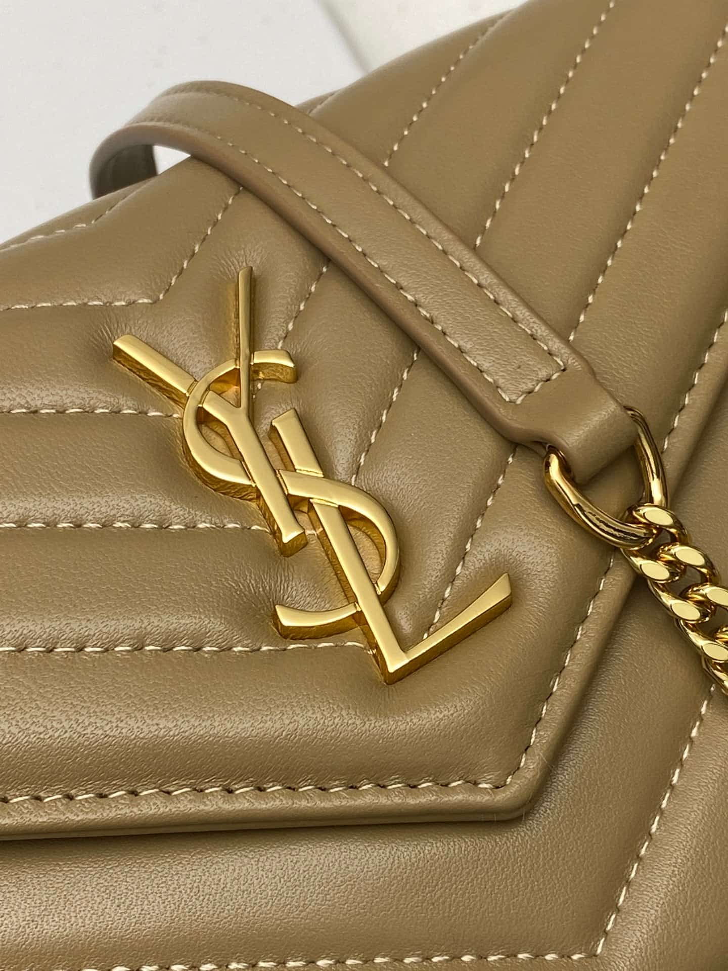 Saint Laurent Monogram Matelassé Cassandre Wallet on Chain Milk Tea Apricot Lambskin 393953 High
