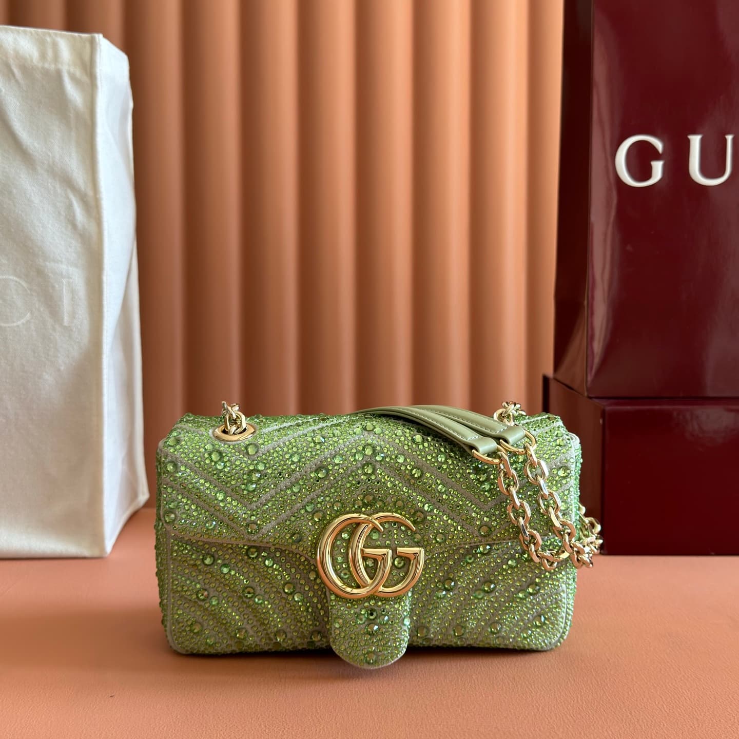 Gucci GG Marmont Shoulder Bag Green / Crystal 837280 High