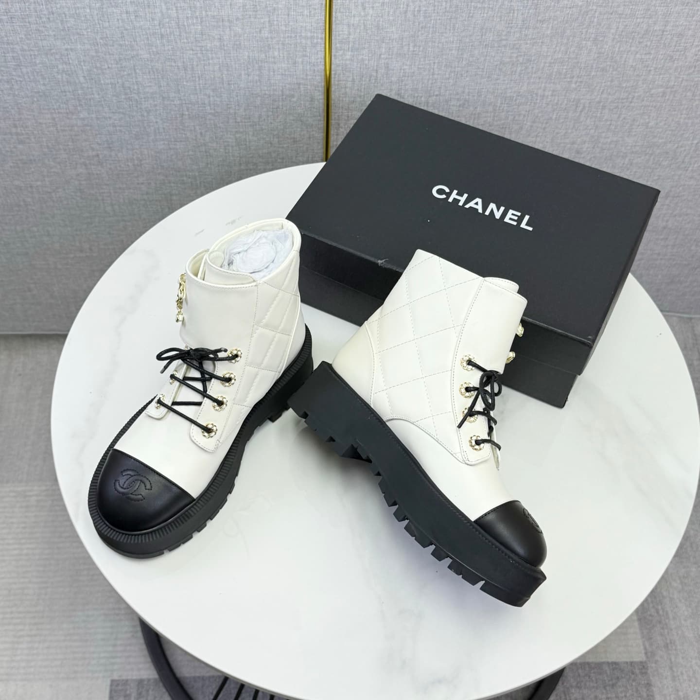 Chanel Shiny Calfskin Quilted Lace Up Combat Boots Shoes Women