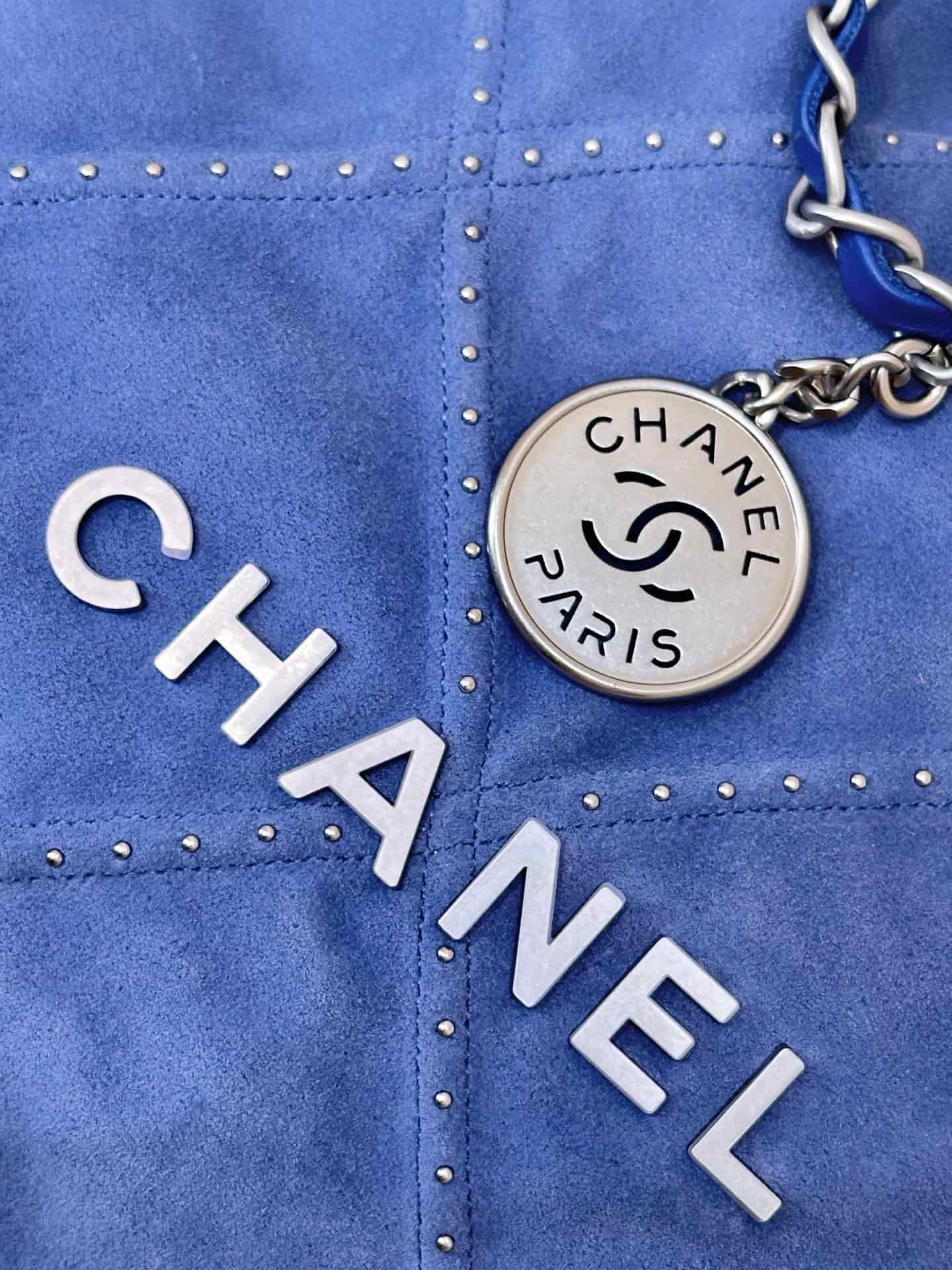 Chanel 22 Small handbag Suede calfskin studs & silver-tone metal AS3260 Blue TOP