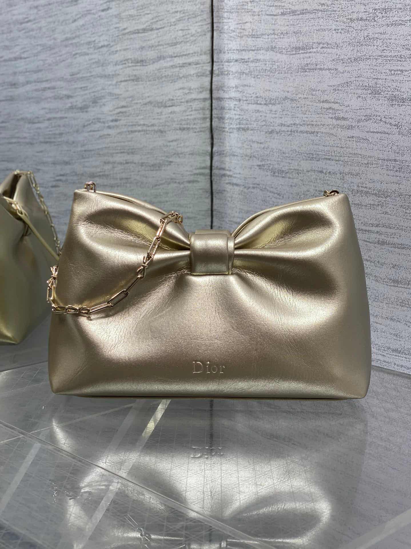 Small Dior Bow Bag Champagne Gold Leather High
