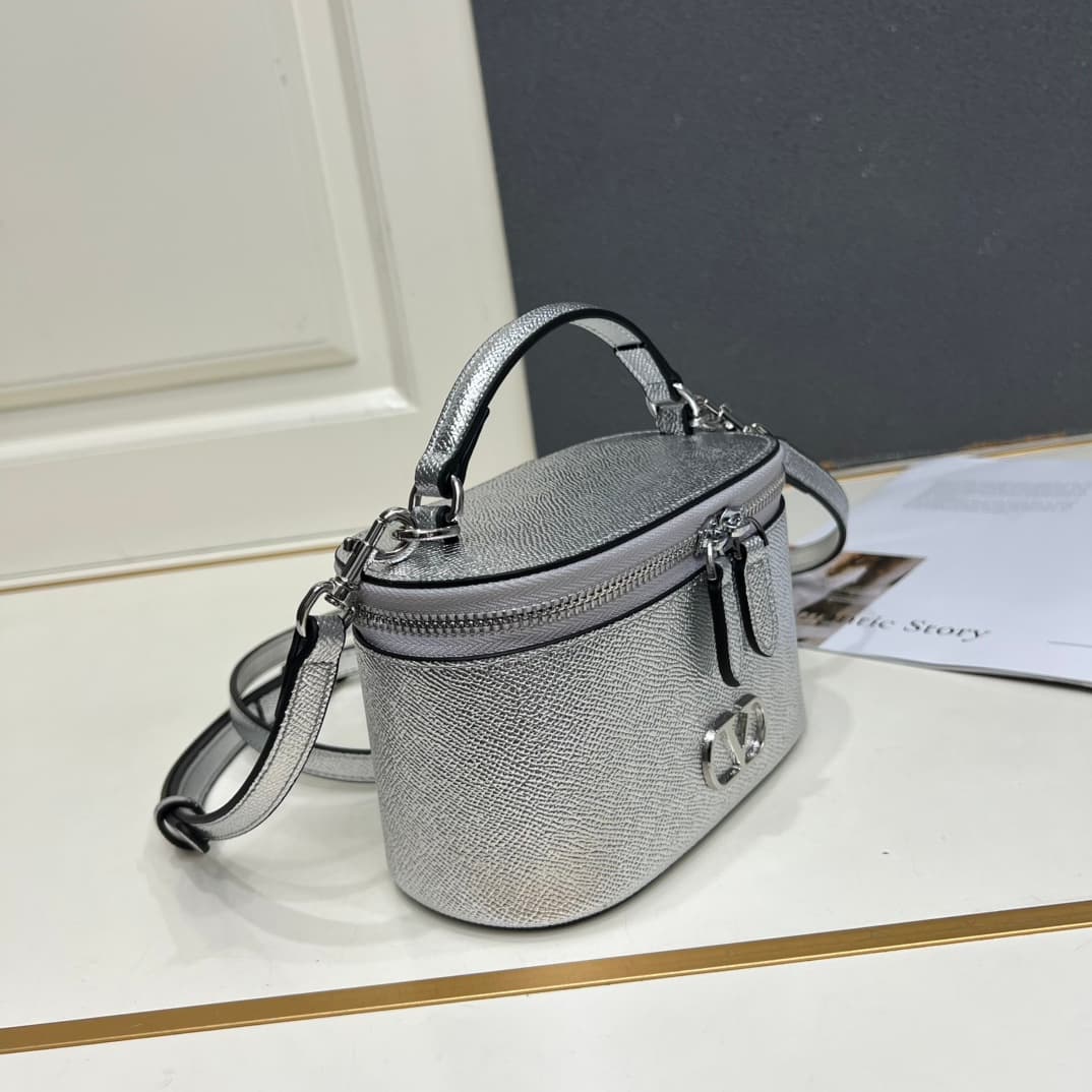 Valentino Garavani VLogo Signature Mini Vanity Bag in Silver Calfskin Mid