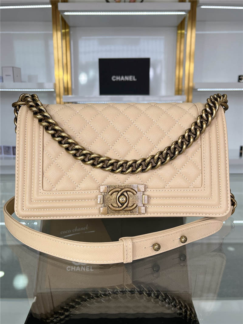 BOY Chanel HANDBAG Grained Calfskin Beige Anti-Gold Metal High
