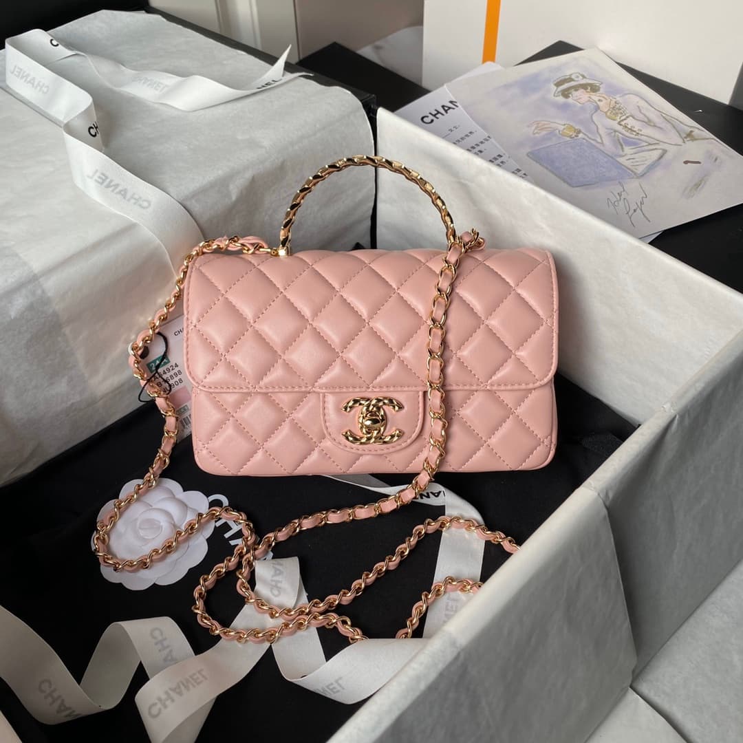 Chanel Mini Flap Bag with Top Handle Lambskin& Gold-Tone Metal Pink AS4924 A