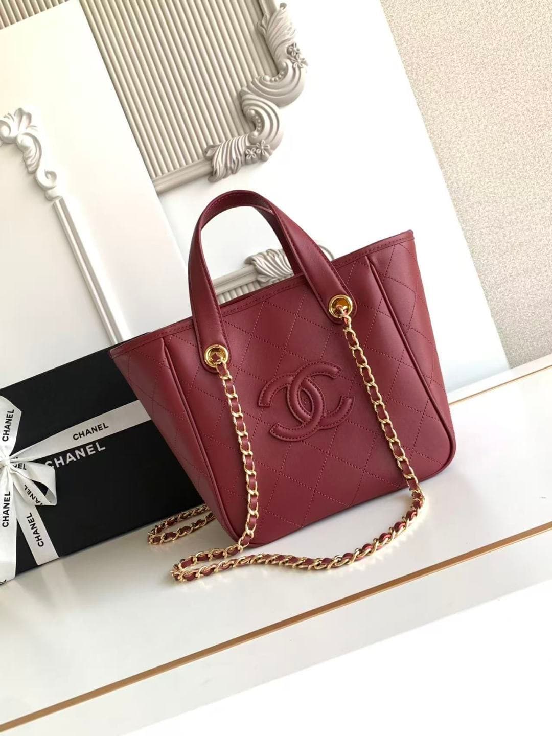 Chanel Mini Shopper Bag Calfskin and Gold-tone Metal Red AS6199 A