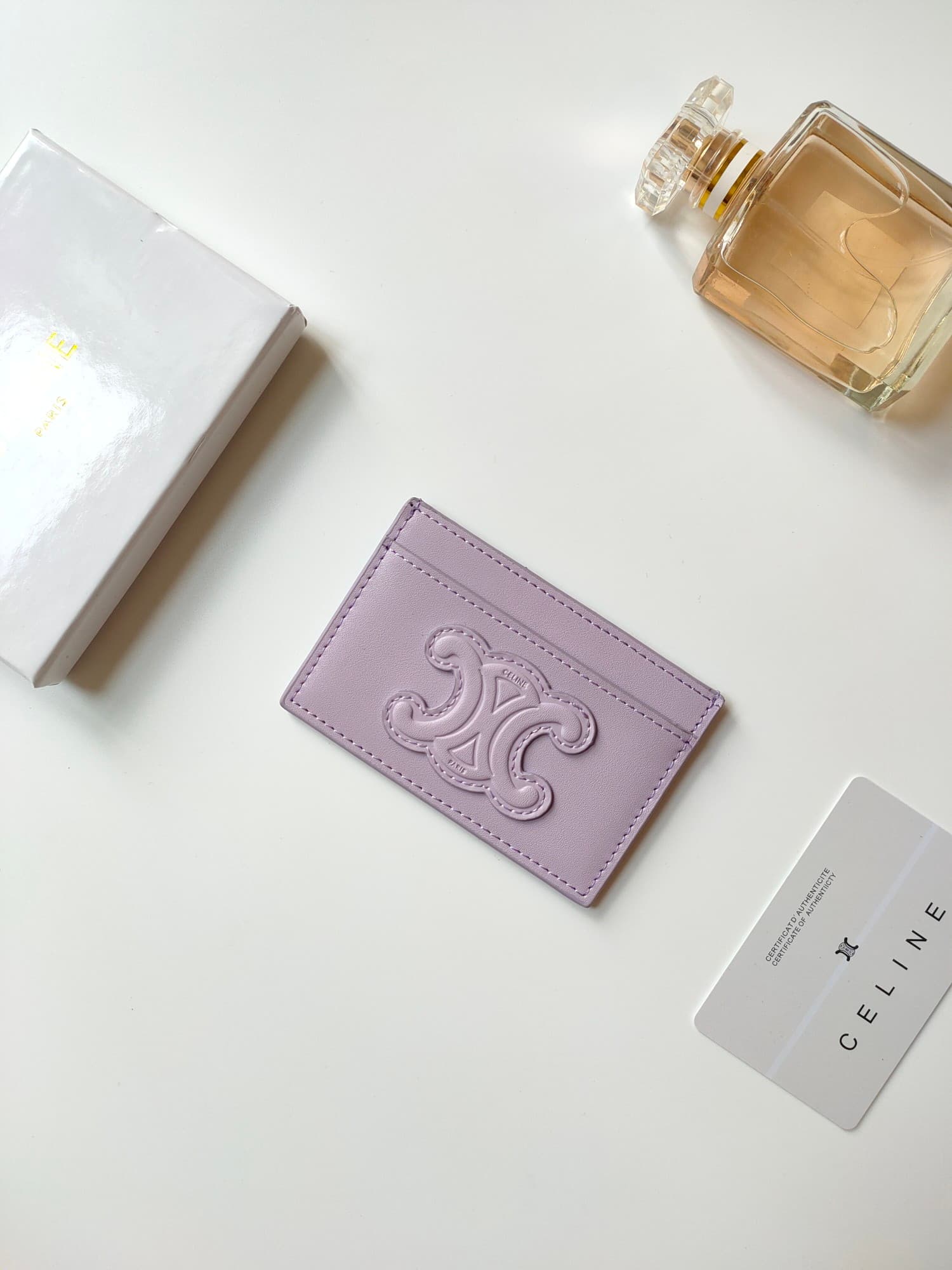Celine Triomphe card holder in purple shiny calfskin leather 10B703 High