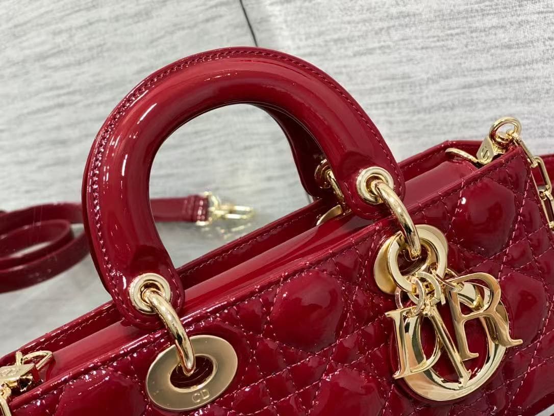 Small Lady D-Joy Bag Cherry Red Patent Cannage Calfskin High