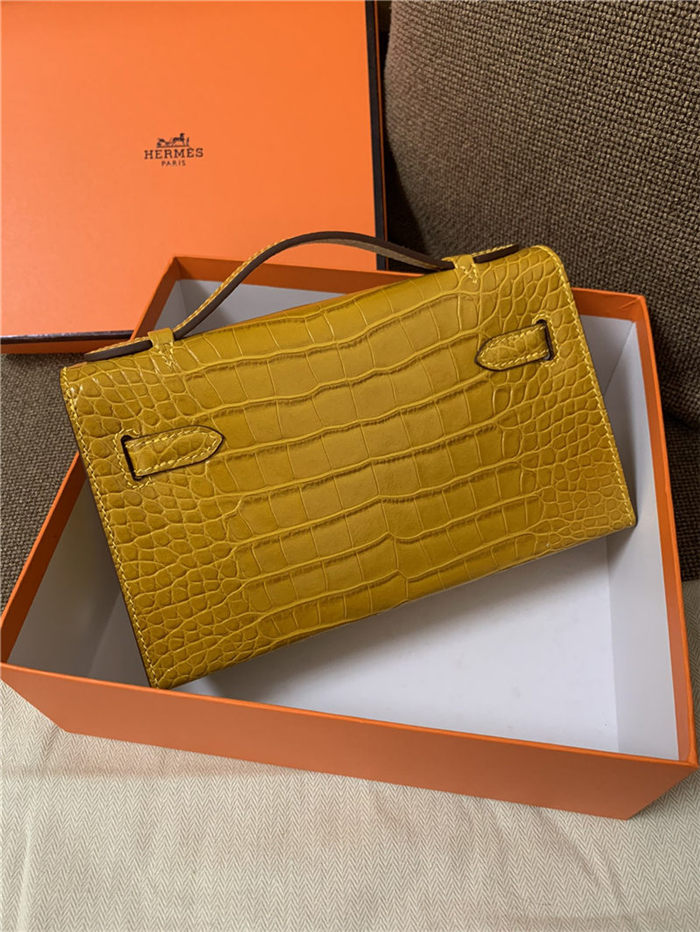 Hermes Kelly Pochette Bag Crocodile Silver/Gold Metal WAX High Customizing Style