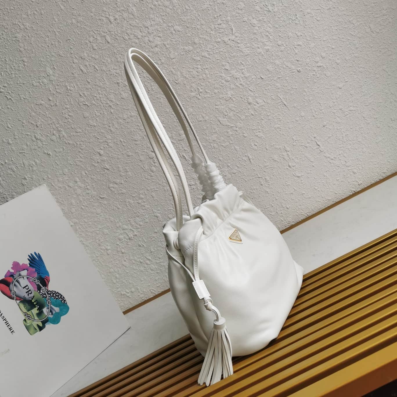 Prada Nappa Drawstring Tote Bag Lambskin White 1BG541 High