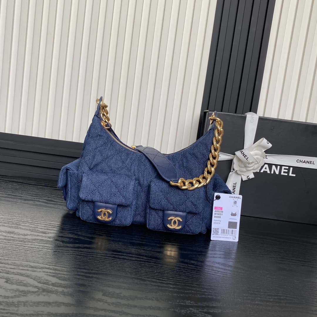 Chanel Trendy Pockets Hobo Bag Denim & Gold Metal Blue AS5339 A
