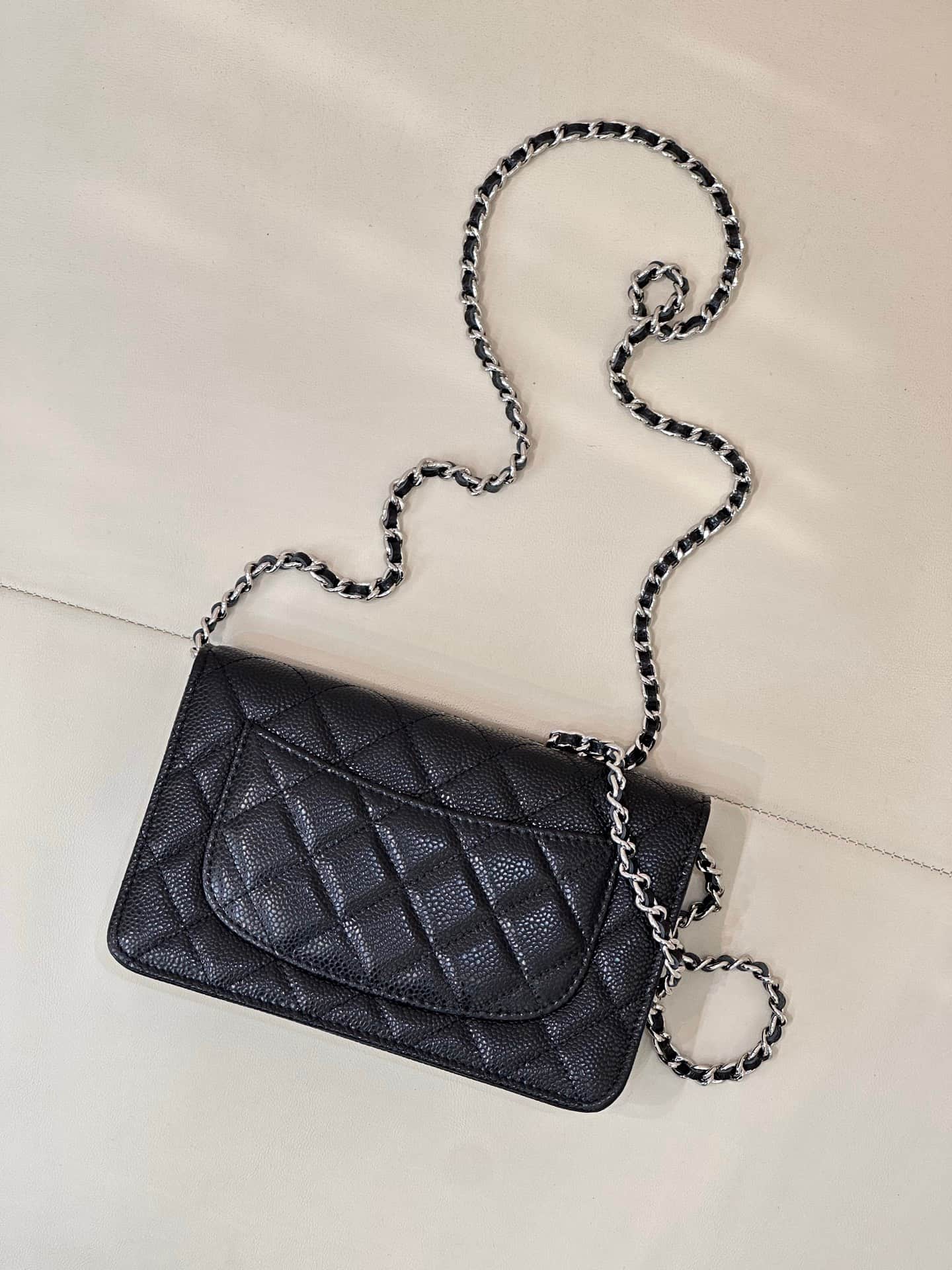 Chanel Classic Wallet on Chain Grained Shiny Calfskin & Silver-Tone Metal AP4241 Black TOP