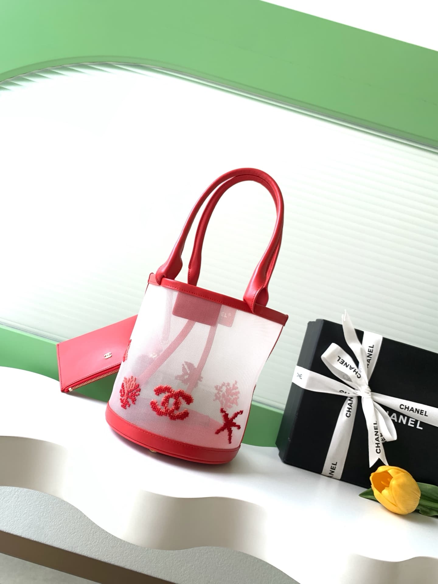 Chanel Coco Beach Large Bucket Bag Embroidered Mesh & Calfskin Transparent & Red AS6189 A