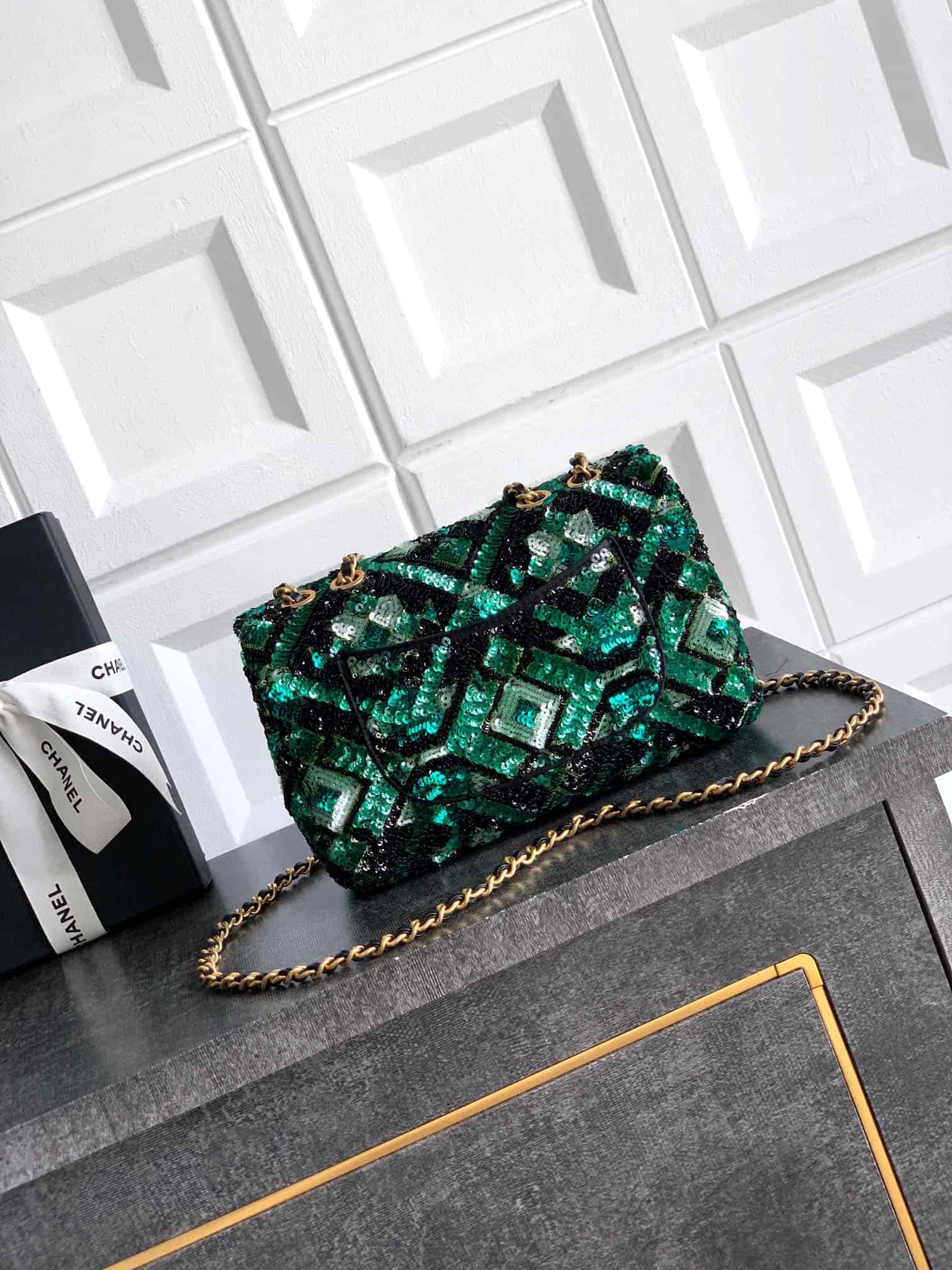 Chanel Classic Mini Flap Bag Sequins Embroidery & Gold-Tone Metal Green 6171 A