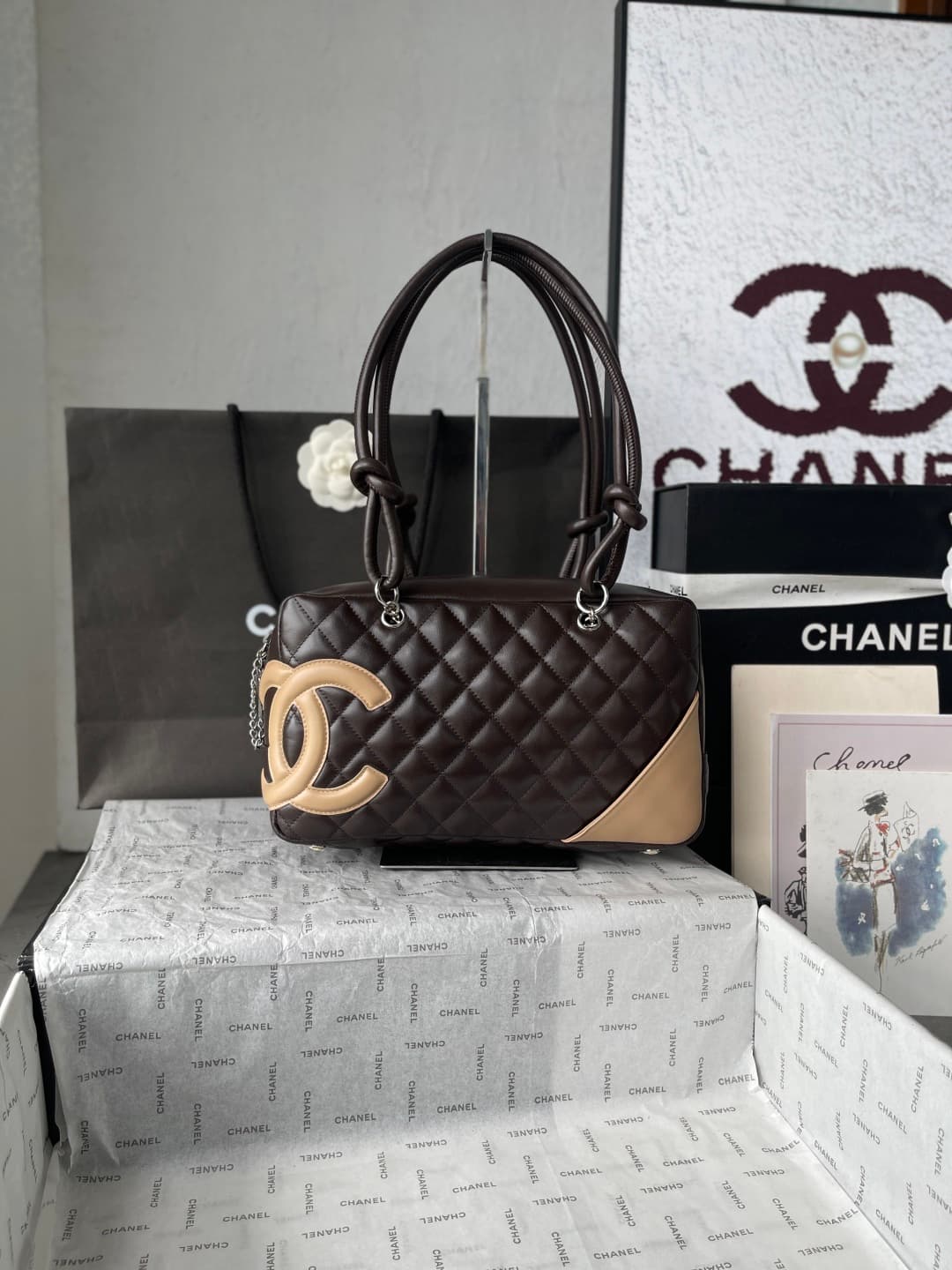 Chanel Cambon Ligne Bowler bag Calfskin & Silver-Tone Metal AS25171 Dark Brown High