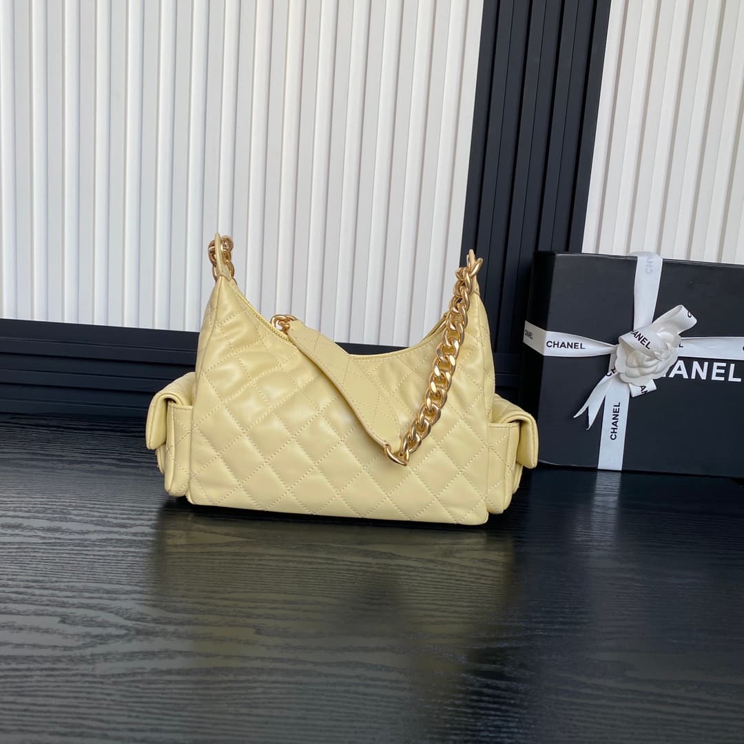 Chanel Trendy Pockets Hobo Bag Lambskin & Gold Metal Yellow AS5339 A