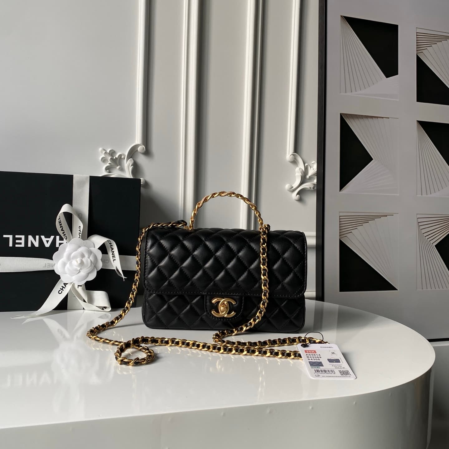 Chanel Small Flap Bag with Top Handle Lambskin& Gold-tone Metal Black AS5814 A